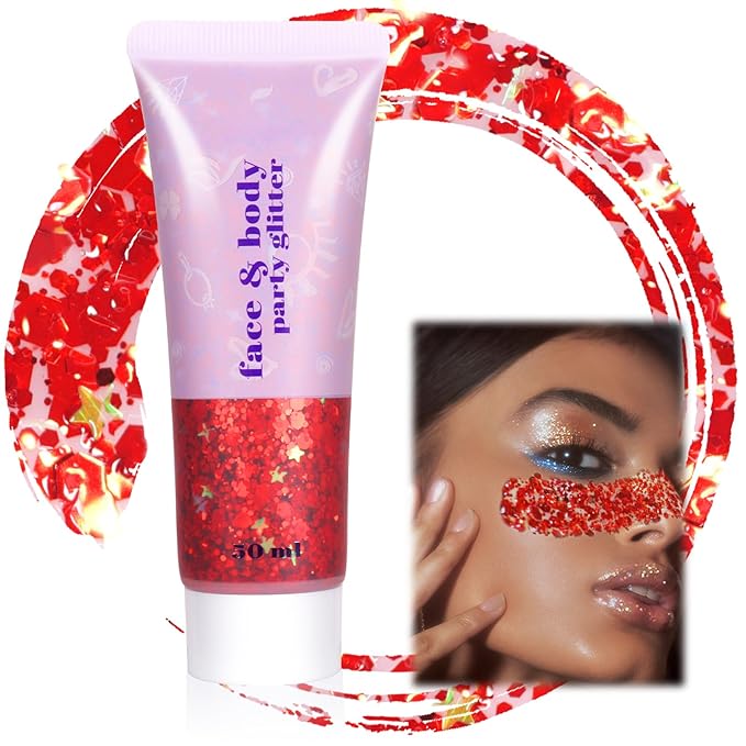 Boko 50ML Body Glitter Gel, Red Chunky Glitter Gel for Face Hair Body Love Heart Makeup, Mermaid Face Glitter Sequins for ...