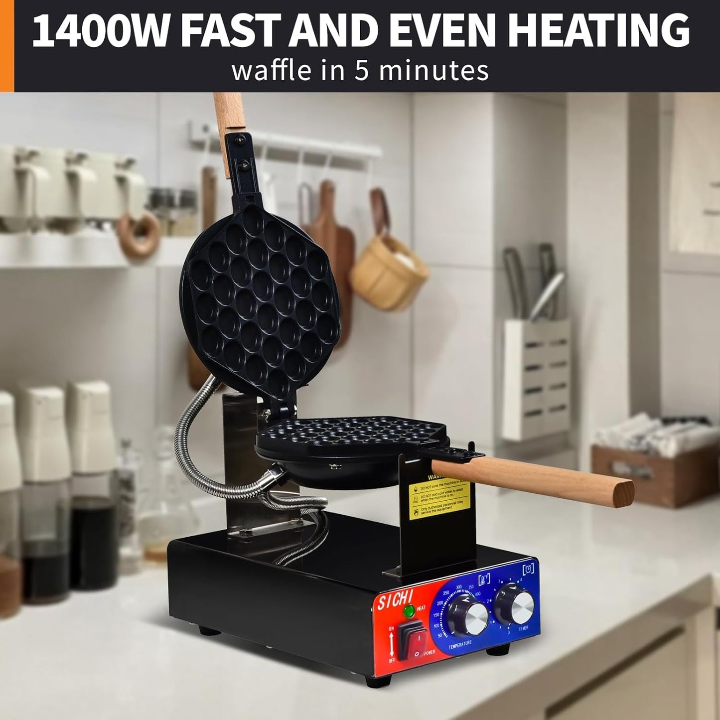 HTTSICHI Bubble Waffle Maker - Commercial Egg Waffle Maker w/Non-stick, Temperature and Timers, 1400W Hong Kong Egg Waffle Iron w/Rotating Baking Pan, Stainless Steel Bubble Waffle Machine Restaurants