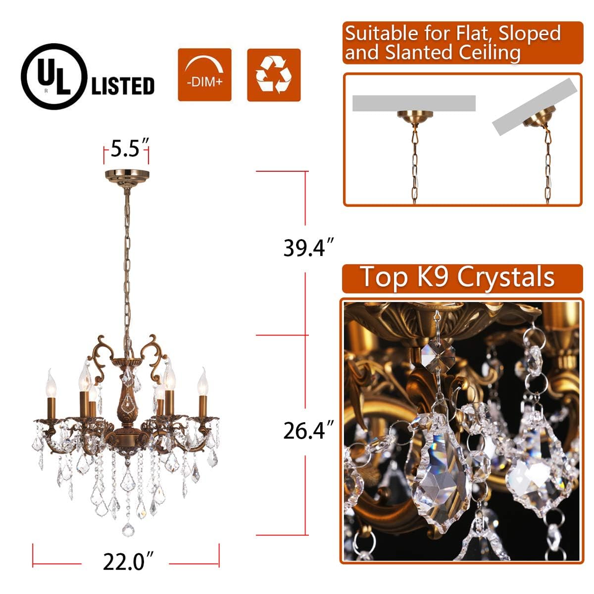 MEEROSEE Crystal Chandeliers Contemporary Chandelier 6 Lights Island Lighting Candle Pendant Ceiling Light Fixture for Dining Room Living Room Kitchen Bedroom Hallway Entry D22.1