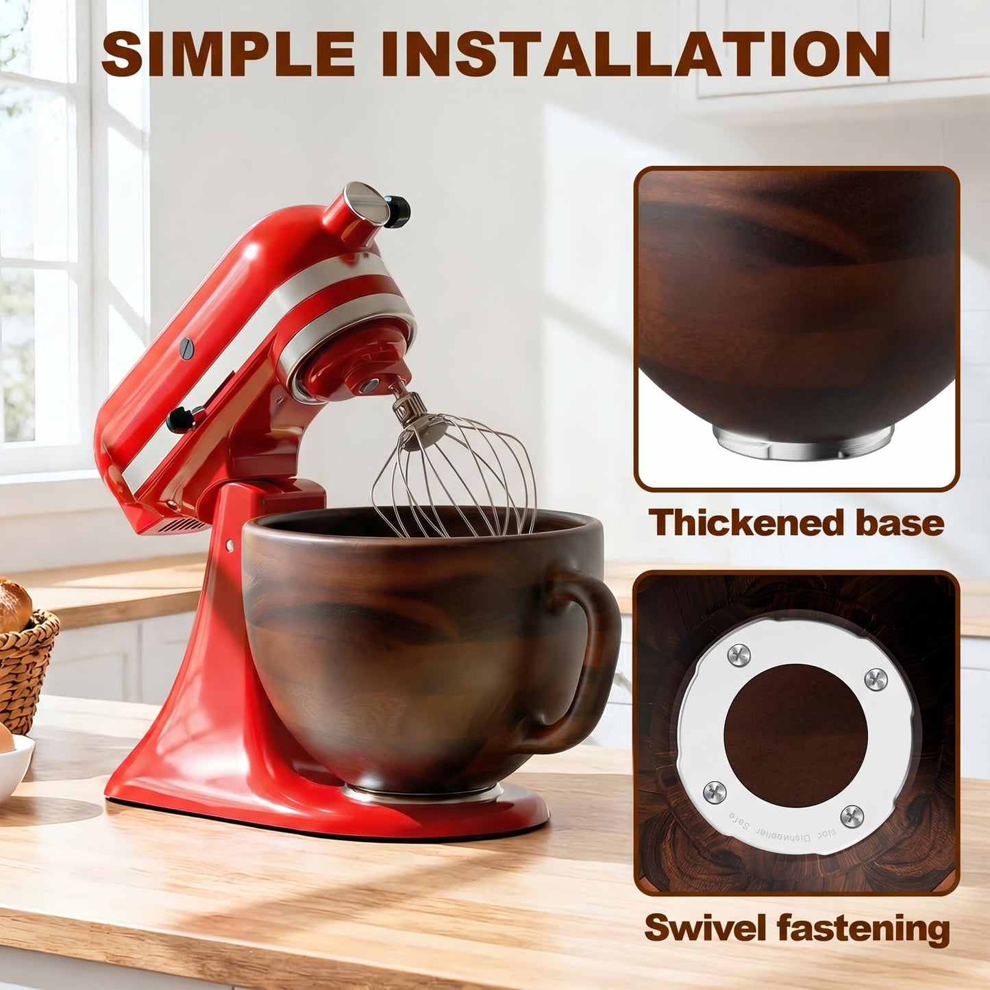 Cofun Premium Wood Mixing Bowl, Compatible with 4.5-5 Qt Tilt-Head Stand Mixers, Natural True Wooden Bowls, 5 Qt Wooden Bowl for KitchenAid with Stainless Steel Locking Base, Handle
