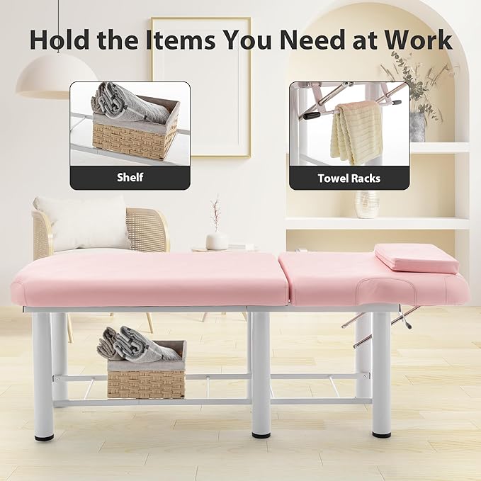 Professional Massage Table with Backrest, Faux Leather Stationary Physical Therapy Table, Metal Frame Barber Beauty Equipment, Removable Headrest Treatment Table Salon Spa Bed, Pink