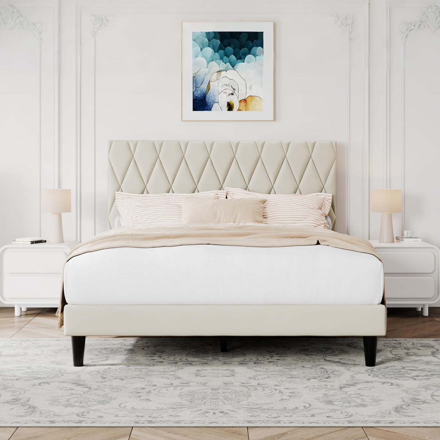 Rukboo Queen Platform Bed Frame with Storage Space, Fabric Upholstered Headboard, Fully Upholstered Mattress Foundation, No Box Spring Needed, Noise-Free, Easy Assembly, Beige
