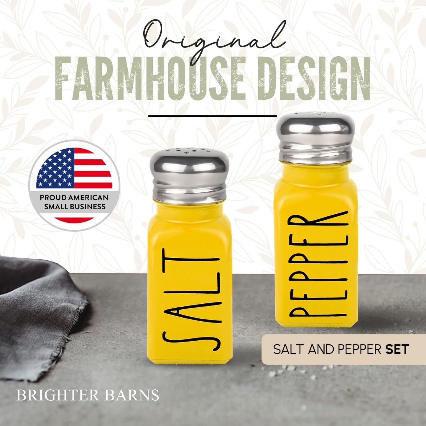 Yellow Salt and Pepper Shakers Set by Brighter Barns - Cute Kitchen Decor & Kitchen Accessories - Cute Glass Shakers - Farmhouse Decor for Home Restaurants Wedding Gift & Stainless Steel Lid (Yellow)