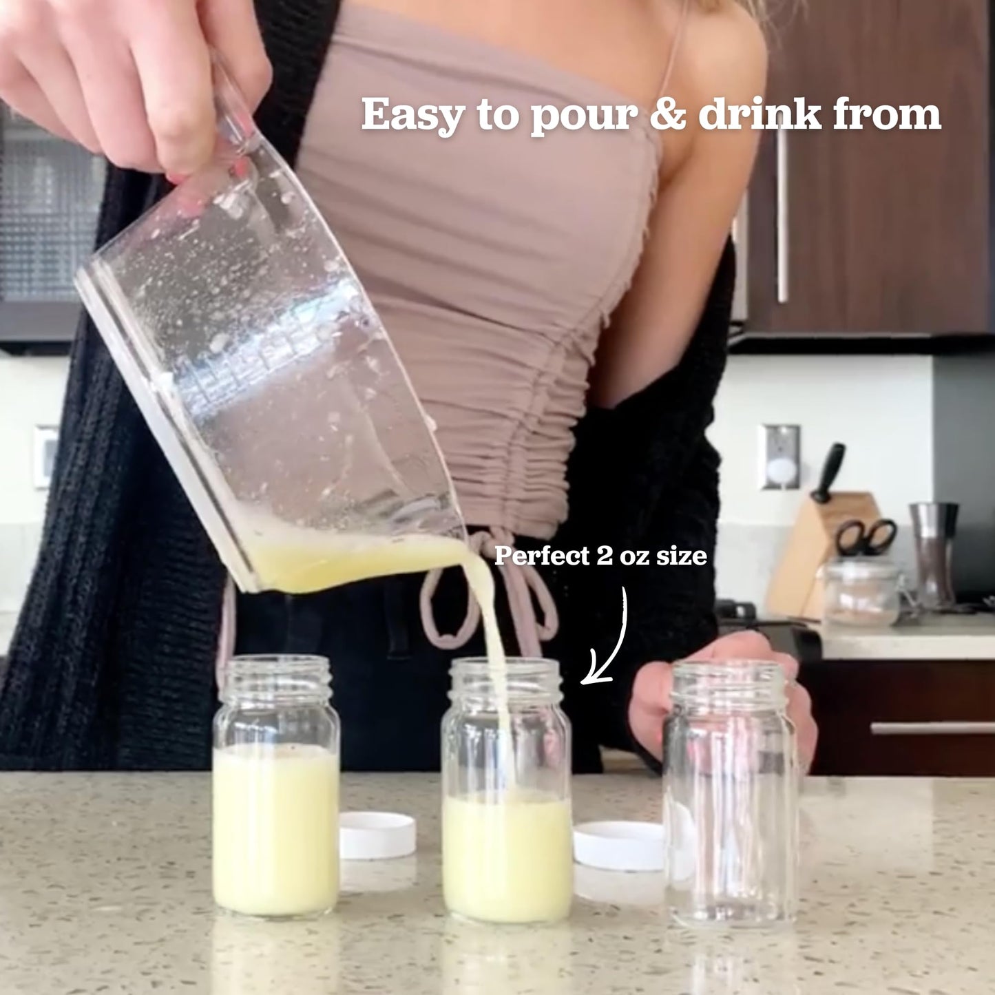 Juice Shot Bottles Set - Wide Mouth for Juicing, Beverage Storage, Liquids, 2 oz, Clear Small Glass Bottles with White Caps, Reusable, Leak Proof, Jars (8 pack)