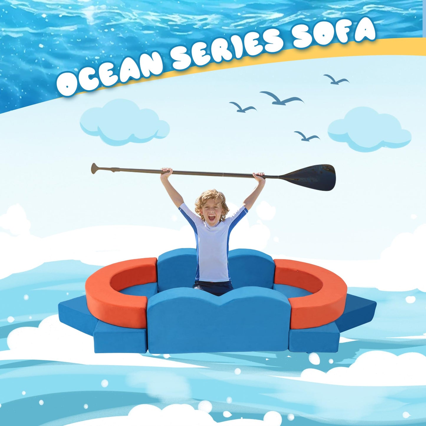 Erament 22Pcs Modular Kids Play Couch for Toddler - Kids Sofa Bed for Playroom, Convertible Furniture Ocean Theme Modular Sofa Building Fort for Inspiring Creativity