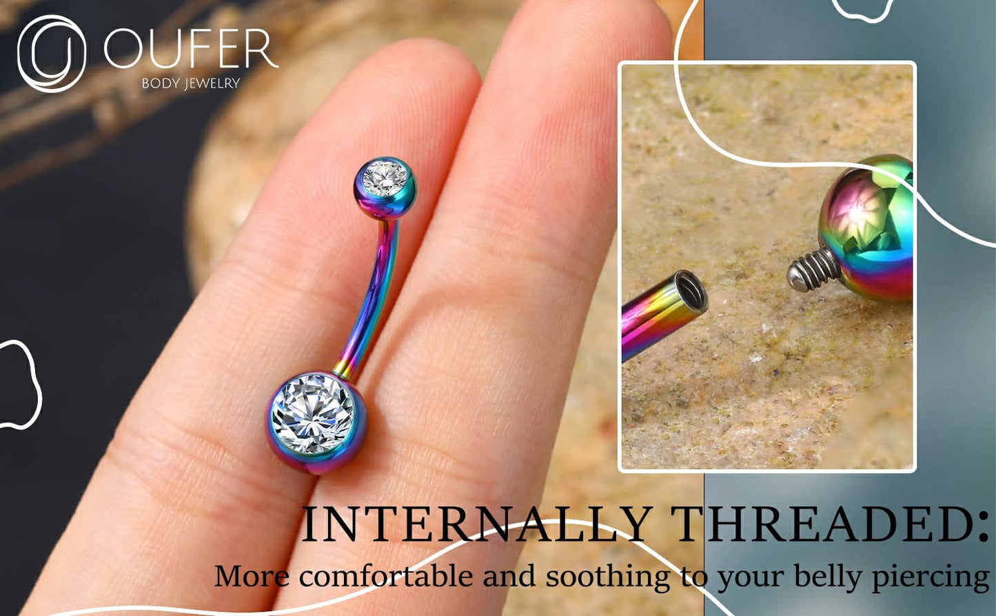 OUFER Titanium Belly Button Rings, Internally Threaded 14mm Long Belly Ring, Round CZ Navel Rings for Women Men (Rainbow)
