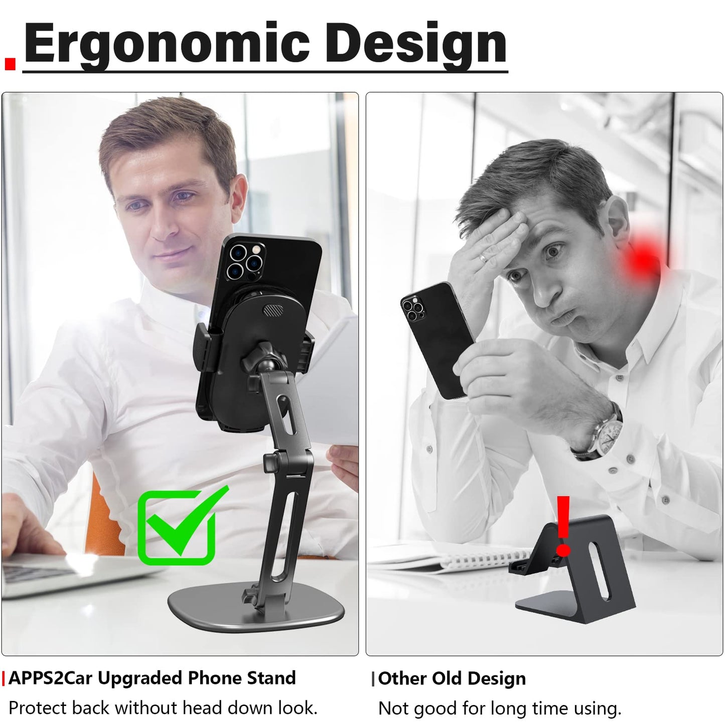 Apps2Car Phone Stand For Desk [No Dropping Stable Triple-Clamp Holder] Adjustable Height 360 Degree Rotation Heavy Base Thick Ca