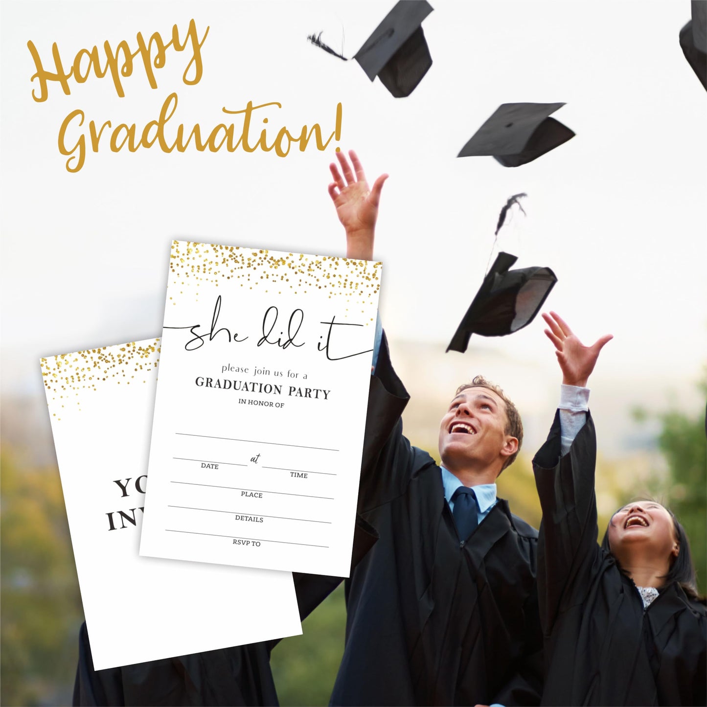 She Did It - 20 Shiny Gold Graduation Invitation With Envelopes, Class Of 2024， High School, Double-Sided Invite Cards For University, College Graduate Celebration, Party Favor & Supplies(A01)