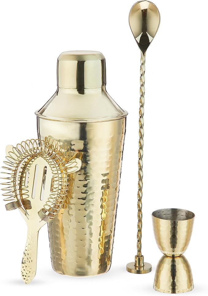 Twine 4-Piece Gold Hammered Cocktail Shaker Set Includes Cobbler Shaker, Strainer, Jigger, Bar Spoon for Classic Cocktail...