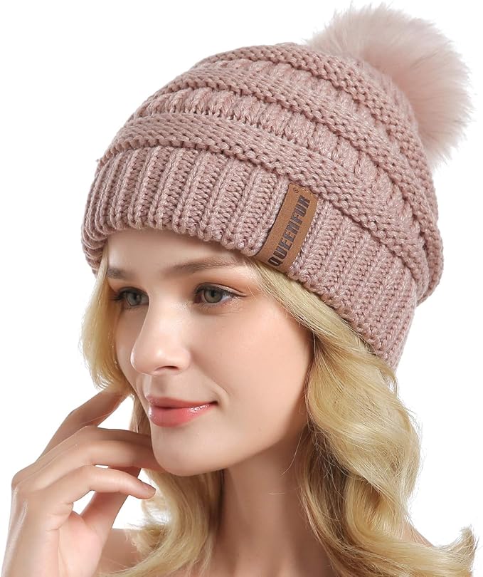 QUEENFUR Women Knit Slouchy Beanie Chunky Baggy Hat with Faux Fur Pompom Winter Soft Warm Ski Cap