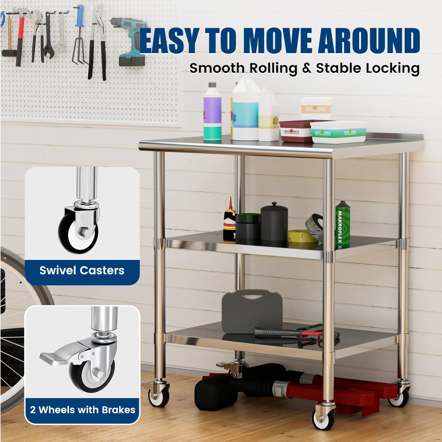 Chingoo Stainless Steel Work Table with Wheels, 24x36 Inch NSF Food Prep Table with Backsplash & 2 Adjustable Undershelves for Commercial Kitchen, Restaurant, Garage