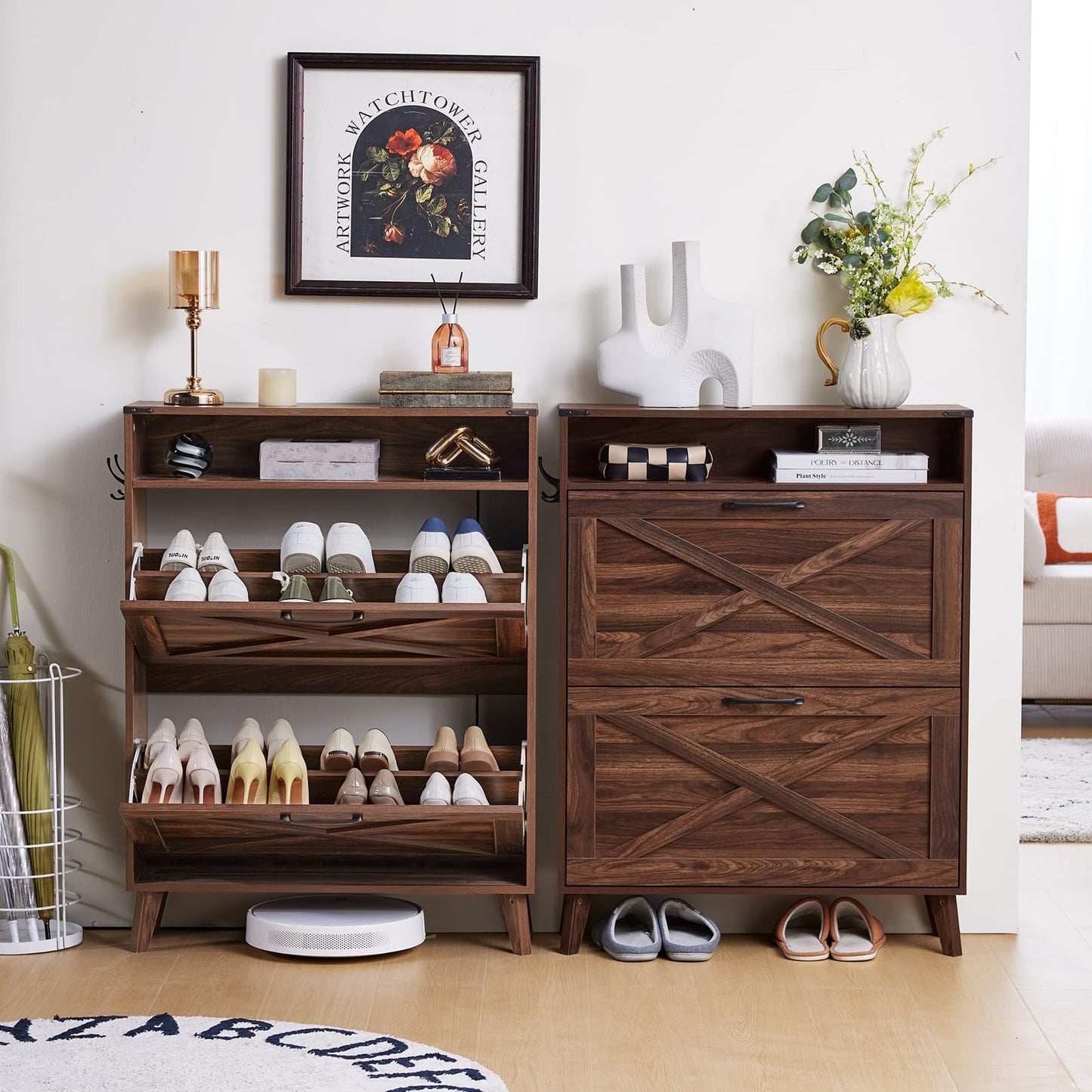 Joaxswe Shoe Storage Cabinet with 2 Flip Drawers, Farmhouse Shoes Organizer for Entryway, Narrow Hidden Shoe Rack with Legs & Open Storage, Freestanding Shoe Closet for Foyer, Hallway, Brown Walnut