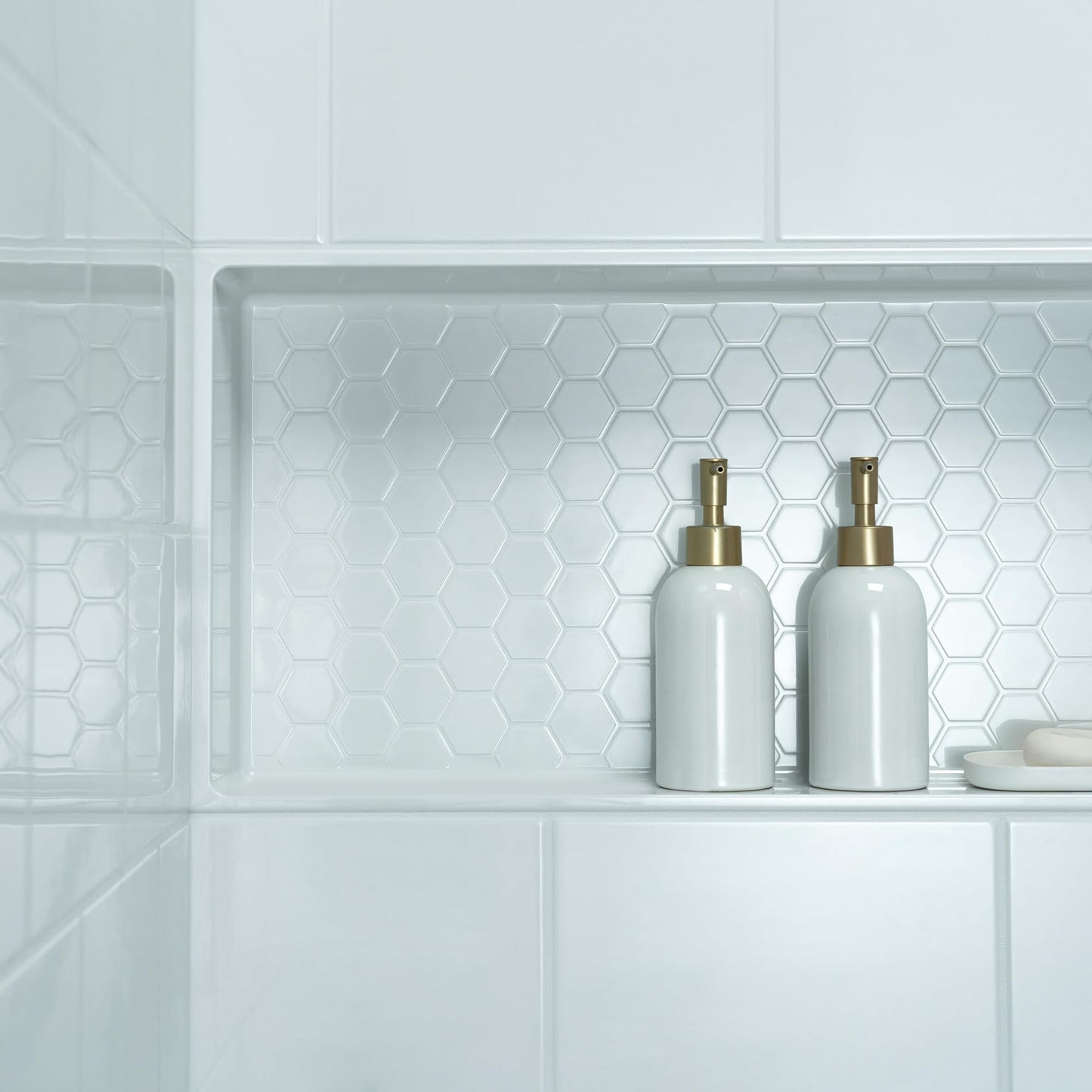 WOODBRIDGE 4-Piece Tile-style Shower Wall Panel Surround Kit, 60"W x 32"D, Staggered Brick Pattern, Easy to Install, High Gloss White Finish