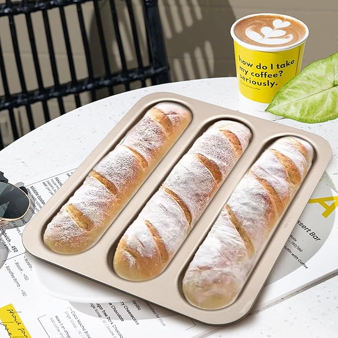 Durable Carbon Steel Baguette Baking Molds, Nonstick French Bread Pan with Rectangular Slots, Specialty 3-Cavity Baguette Mold - Essential Kitchen Tool for Home Bakers (Baguette mold)