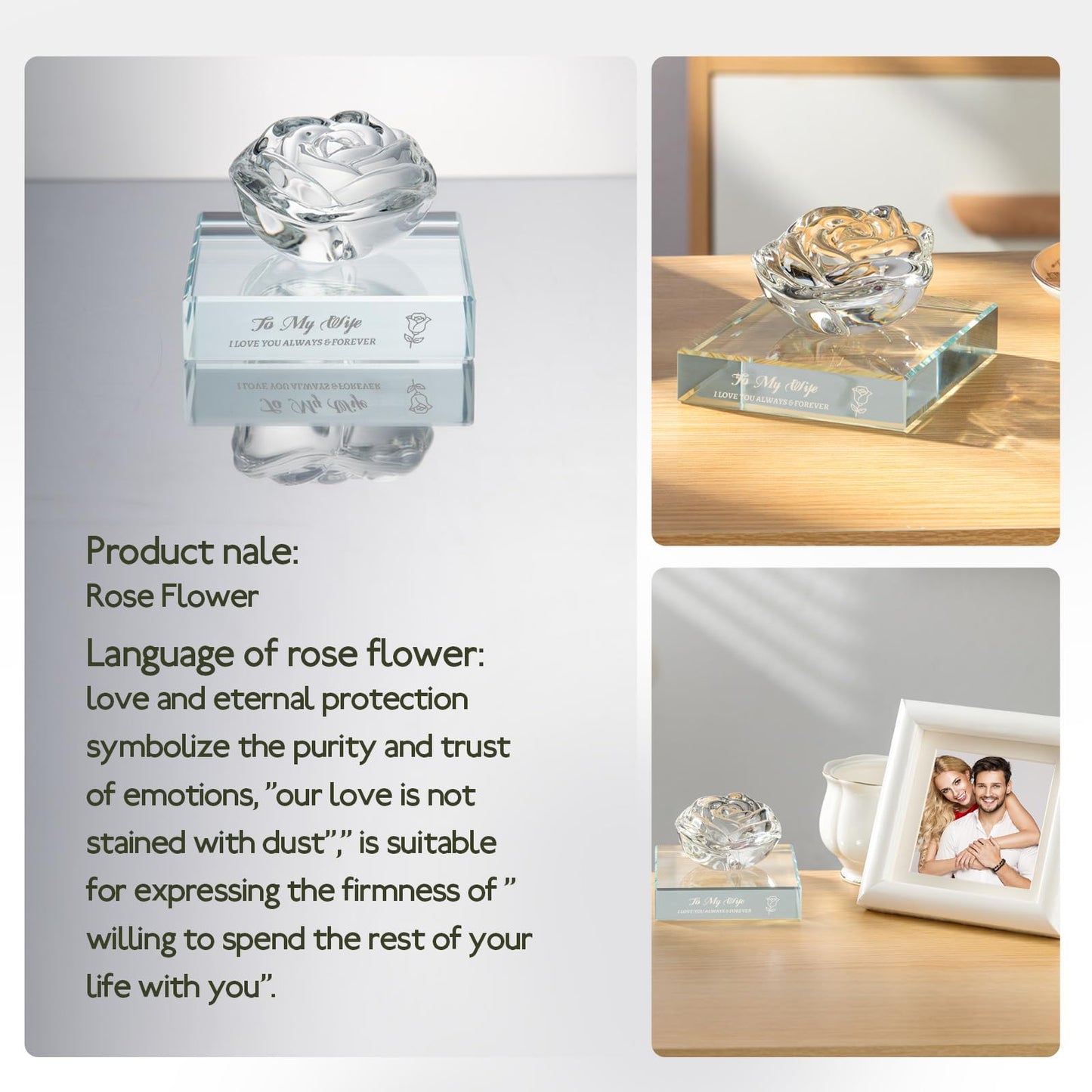 PEEYHONY Gifts for Wife, Romantic Crystal Rose Figurine Ornament with Laser Text Gift from Husband, on Anniversary Wedding Christmas Birthday Valentines Love Gift for Wife