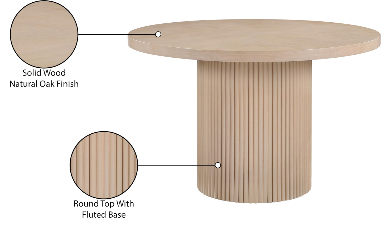 Meridian Furniture 728Oak-T Belinda Collection Mid-Century Modern Dining Table, Solid Wood Base, Natural Finish Oak Wood Veneer MDF Top, Round Top, Fluted Base, 48" W x 48" D x 31" H, Oak