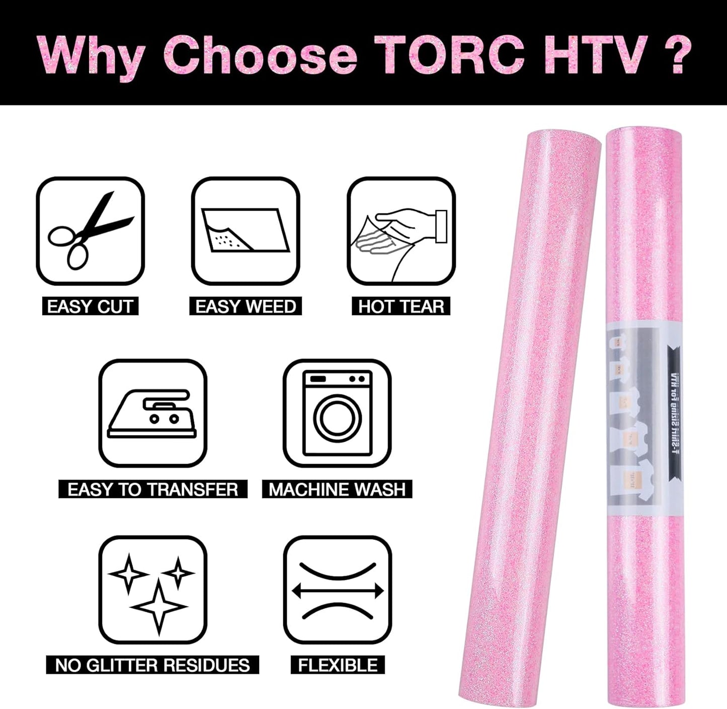 TORC Pink Glitter HTV Heat Transfer Vinyl Roll 12 inch x 5 ft Iron on Vinyl for T Shirts Crafts