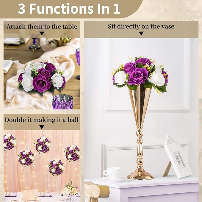 NUPTIO Flower Centerpieces for Wedding Tables: 10 Pcs Purple & White Artificial Flower Ball Arrangement for Christmas Thanksgiving Party - Fake Floral Rose for Bridal Shower Decor
