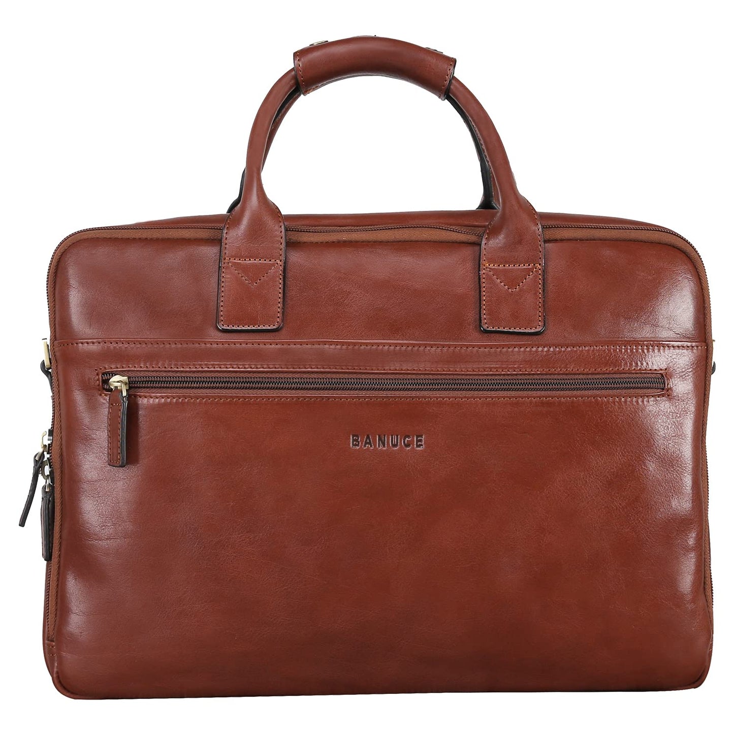 Banuce Premium Italian Full Grain Leather Briefcase for Men 14 Inch Laptop Bag for Business Travel Office Work with Luggage Strap and Shoulder Strap Brown