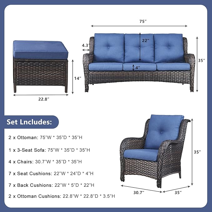 Rilyson Wicker Patio Furniture Set - 7 Piece Rattan Outdoor Sectional Conversation Sets with 1 Sofa,4 Armrest Chairs and 2 Ottomans for Porch Deck Garden(Brown/Blue)