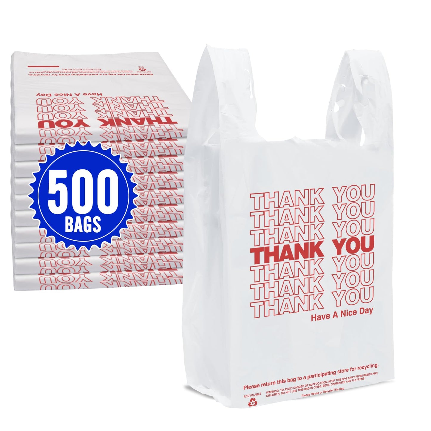 Fuxury 500 Count - Thank You Plastic T-shirt Bags White with Handles (11.5" x 6.5" x 21"), Grocery, Take Out, To Go, Restaurants, Convenience Store,Retail Shopping Bags in Bulk for Small Business