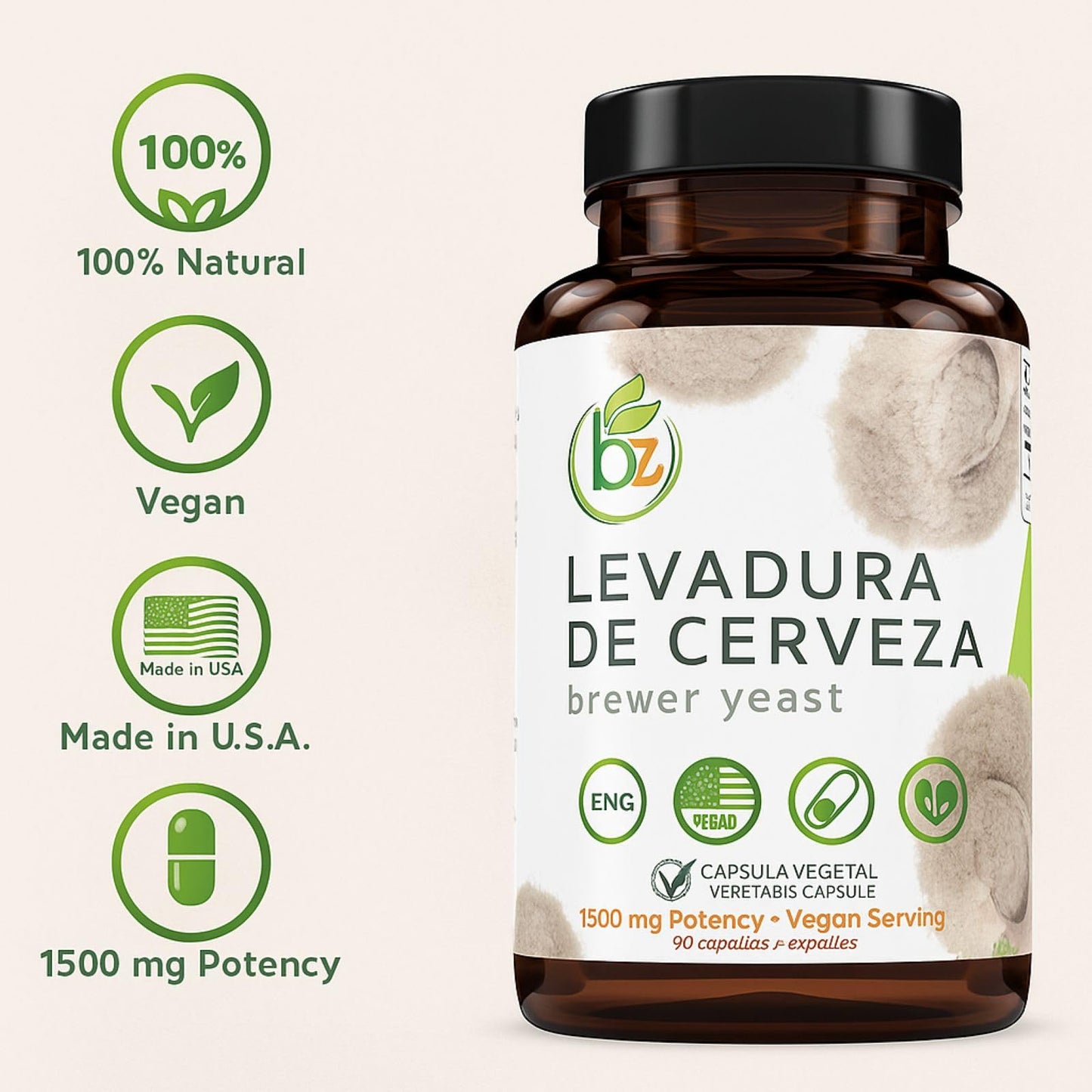 Levadura De Cerveza (Brewer’s Yeast Capsules) – 1500 mg Per Serving, 90 Veggie Caps – 100% Natural, Made in USA – Nutrient-Rich Superfood for Digestive & Immune Support | Dietary Supplement
