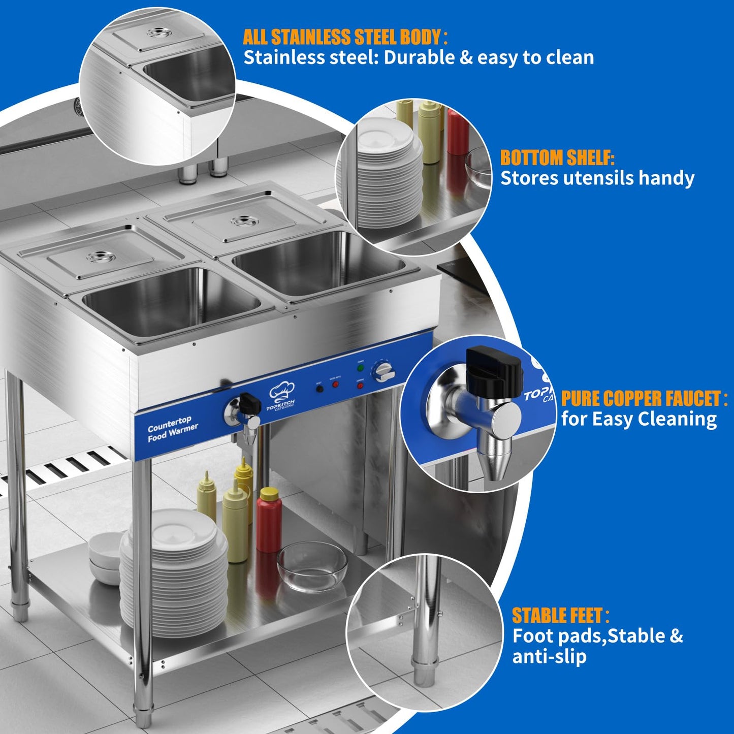 TOPKITCH 4-Pan Commercial Food Warmer, Electric Steam Table, 120V 1700W Stainless Steel Buffet Catering Food Warmer with Undershelf and Workspace, for Restaurant.