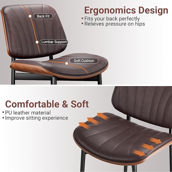 YaFiti Dining Chairs Set of 4, Dining Room and Kitchen Chairs, Mid Century Modern Accent Chair, Upholstered PU Leather Chairs for Vanity with Walnut Bentwood and Metal Legs, Brown