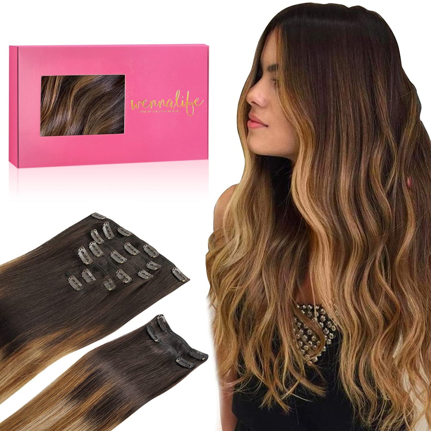 WENNALIFE Clip in Hair Extensions, 150g 16 Inch 9pcs Highlight Dark Brown to Chestnut Brown and Dirty Blonde Human Hair Extensio