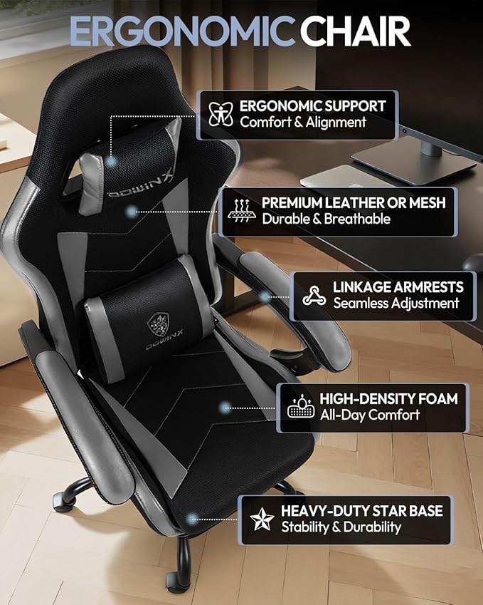 Gaming Chair with Footrest, Ergonomic 330lbs Leather Mesh Chair, Massage Lumbar Support, Adjustable Height & Headrest Pillow, Breathable Seat for Office, Home, Streaming, Long Gaming Sessions, Onyx