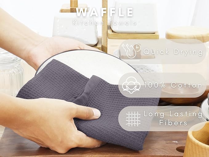PurpleEssences Waffle Weave Kitchen Towel, 100% Cotton, 15x25 Inches, with Hanging Loop Ultra Soft Absorbent Quick Drying Dish Cloth, Tea and Hand Towels, 6 Pack - Christmas Holiday Winter - Dark Grey
