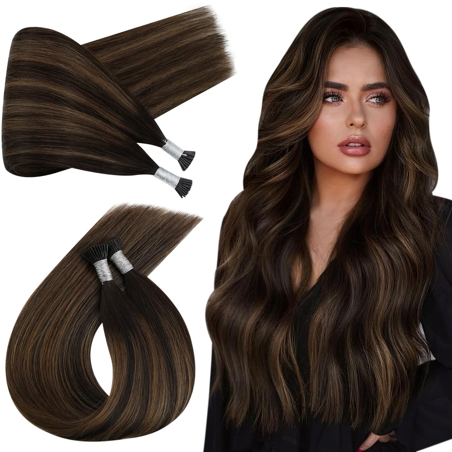 Ugeat Balayage Itip Human Hair Extensions Brown I Tip Hair Extensions Human Hair Medium Brown Ombre Invisible Add Length and Vol