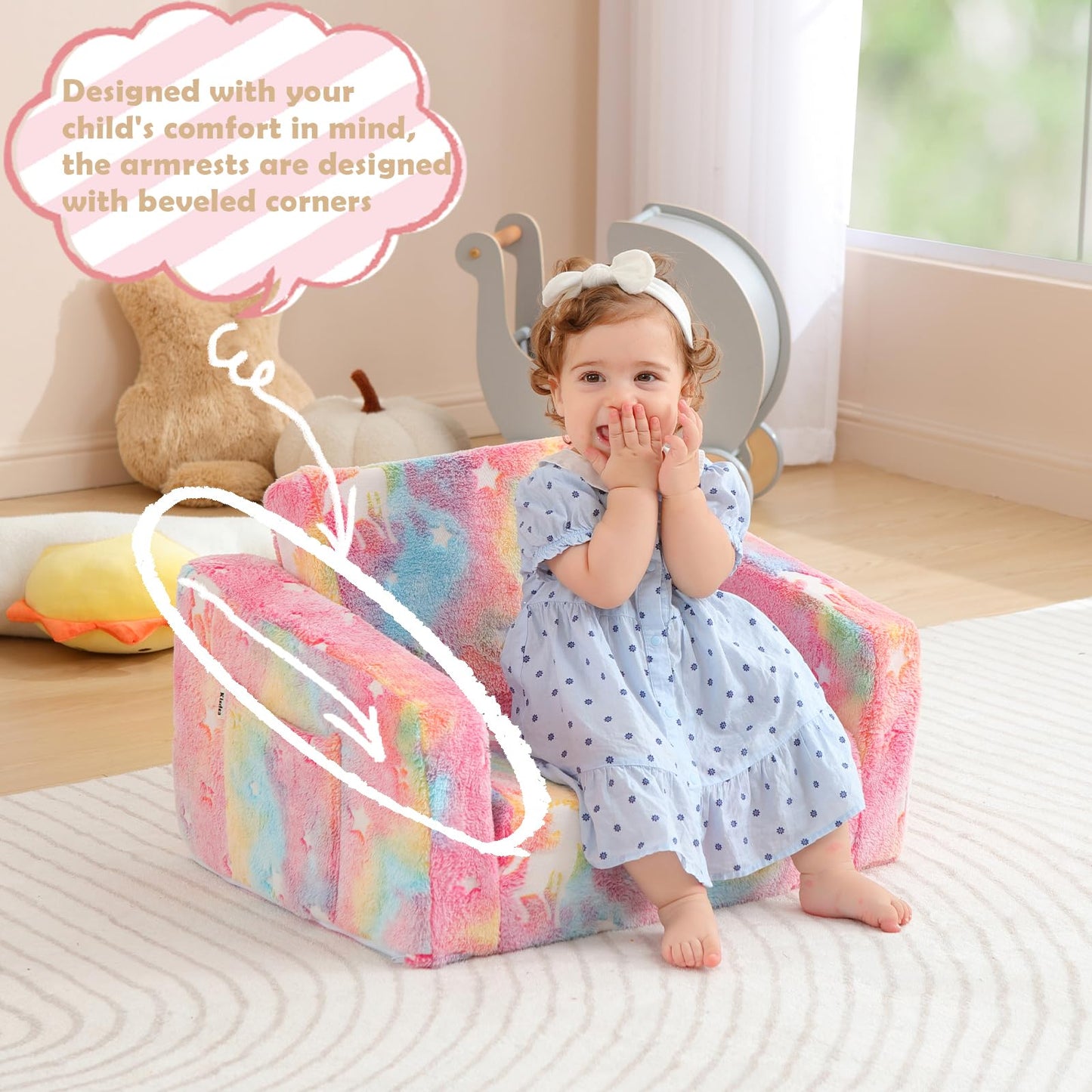 Kisdsa Toddler Couch Fold Out, Foldable Toddler Chair with Blanket, Kids Couch for Girls & Boys, Flip Out Kids Sofa, Convertible Sofa to Lounger for Children Age 1-3 (Glow Pink)