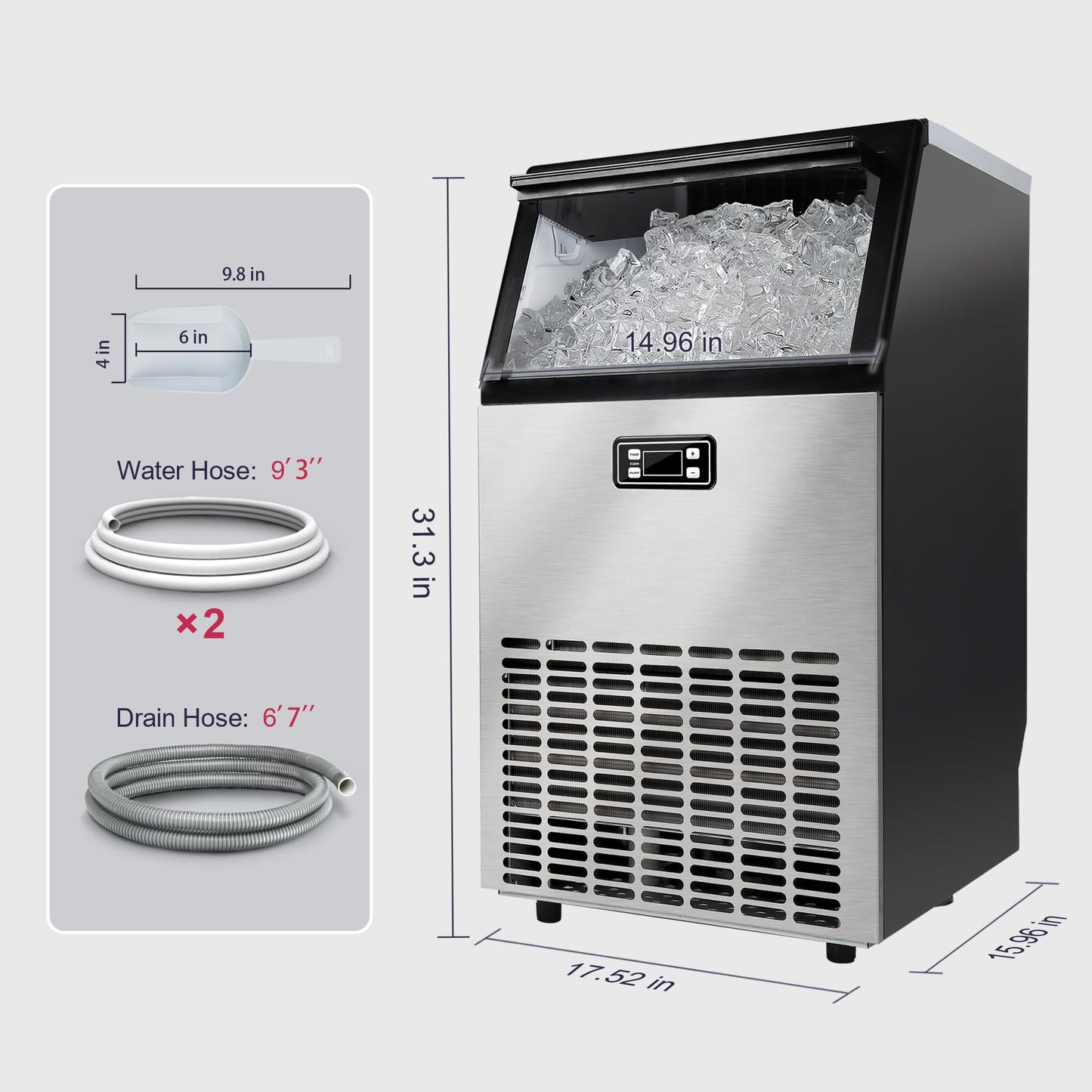 ICYGLEE Commercial Ice Maker Machine, 100lbs/Daily Ice Production Under Counter Ice Maker, Self-Cleaning, Timer Stainless Ice Machine with 33lbs Ice Storage, Ideal for School, Home, Bar, RV