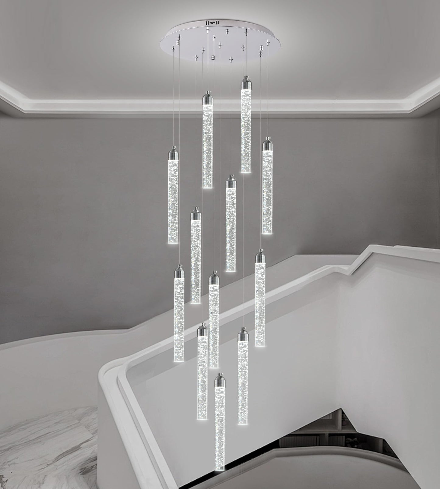 YwueChwu 12-Lights High Ceiling Crystal Staircase Chandelier Chrome, Modern Spiral Raindrop Dimmable LED Bubble Cluster Ceiling Hanging Lighting Fixture for Foyer Living Room Entrance Remote Control