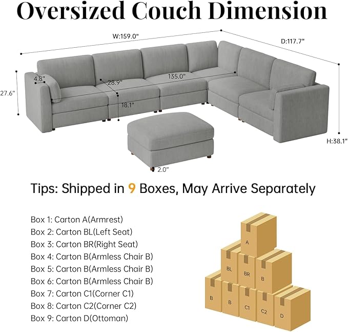 CUGOAO 159'' Modular Sectional Sofa, Oversized L-Shaped Sectional Couch with Ottoman, Deep Seat Chenille Cloud Couch, Mordern Upholstered Couches for Living Room, Apartment, Office, Grey