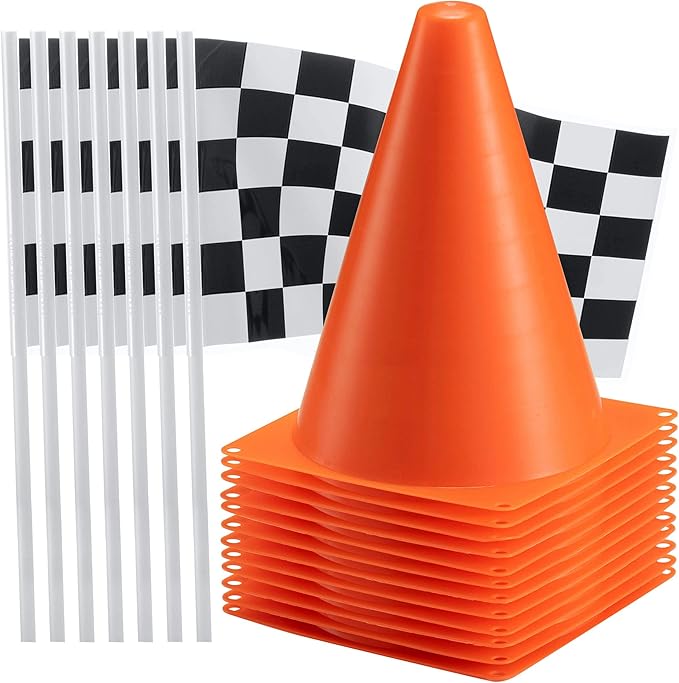 Bedwina Race Car Birthday Party Decorations - (36 Pcs) 12 - 8-Inch Orange Mini Cones for Kids & 24 Black & White Checkered...