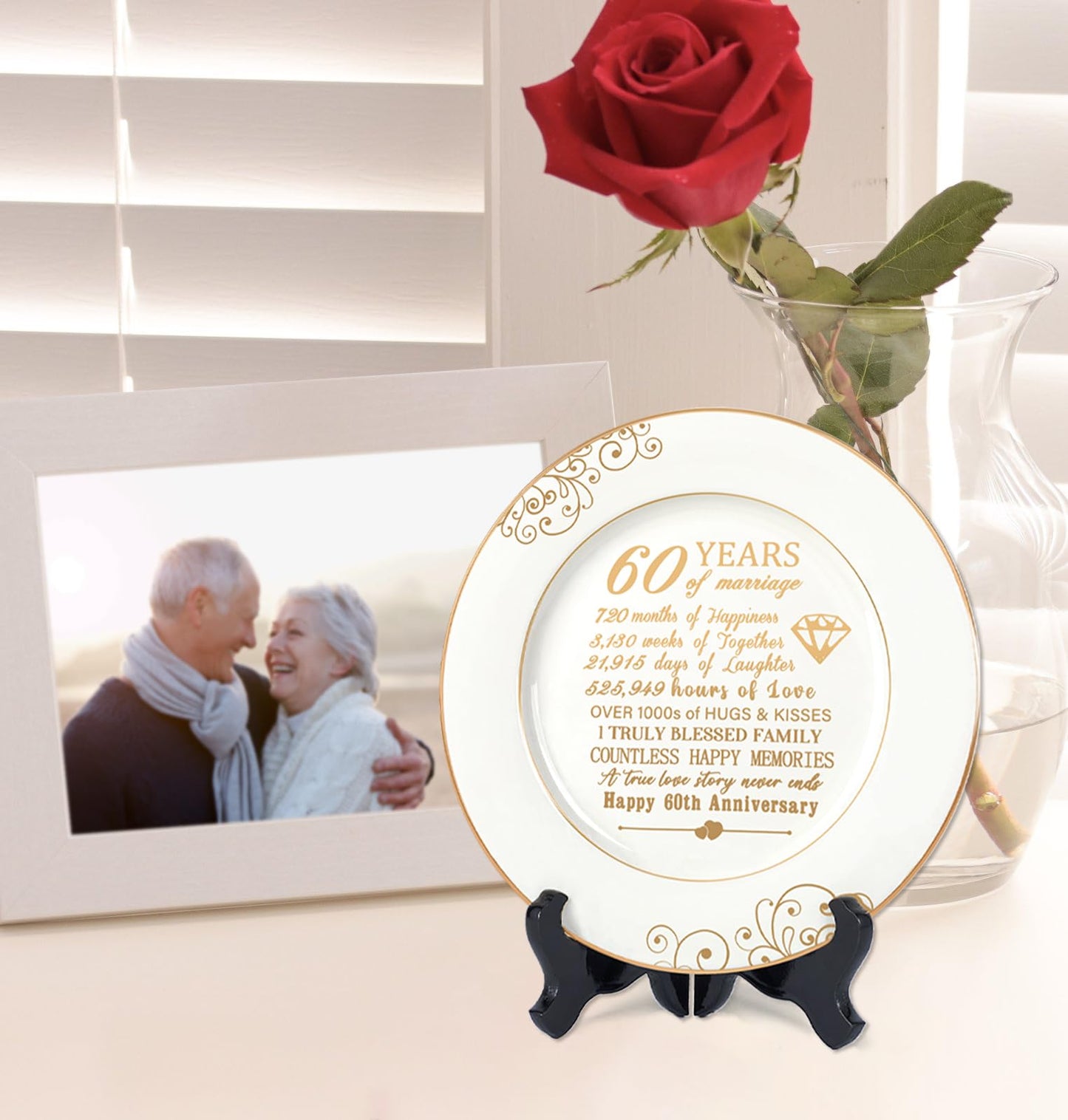 Urllinz 60th Anniversaty Plate with 24k Gold Foil - 60 Year Diamond Anniversary Wedding Gifts for Parents Couple Grandparents, Ceramic 9"