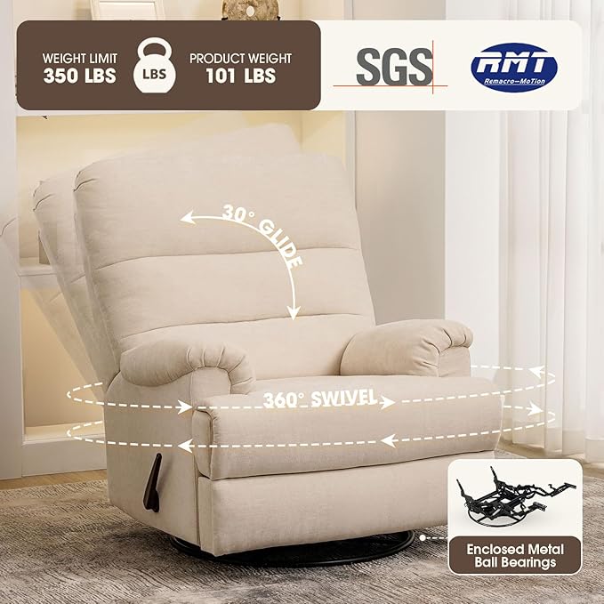 Divanus Large Glider Rocker Recliner,Beige Swivel Rocking Recliner Chair,Reclining Sofa Rocking Chair Nursery,23 Inches Deep Seat & 27 inches High Back,for Living Room, Bed Room‎ (Beige)