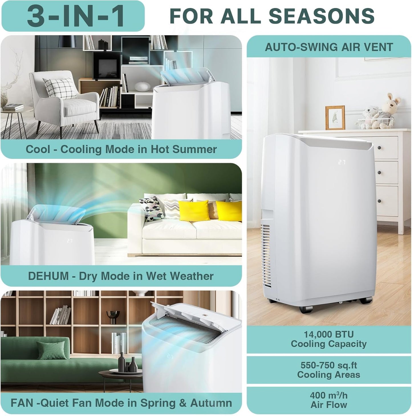Garvee 14,000 BTU Portable Air Conditioner for Room Up to 750 Sq.Ft, 4 in-1 AC Unit with Cooling, Fan, Dehumidifier & Sleep Mode, Remote Control & Window Kit Included for Home, Office, Apartment,White