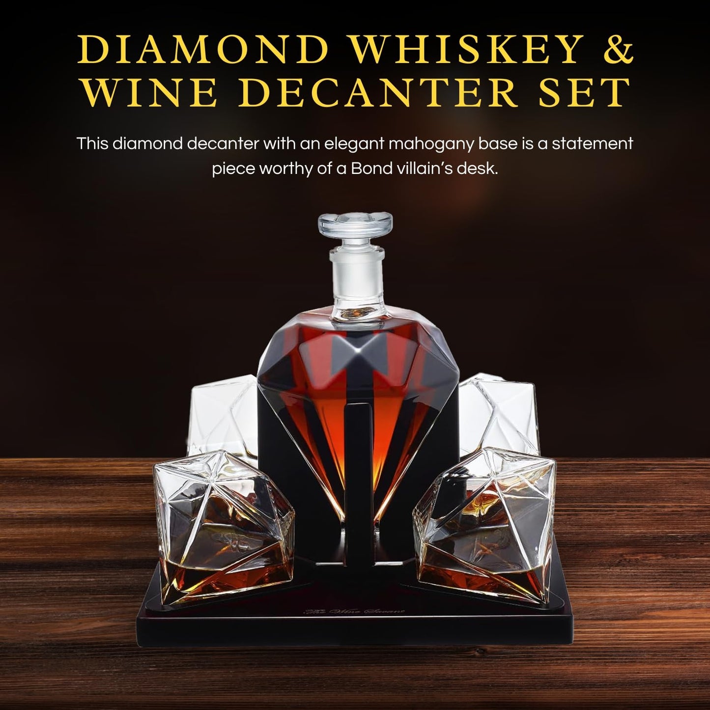 The Wine Savant Diamond Whiskey Decanter Set with 4 Glasses and Mahogany Base Borosilicate Glass Dispenser - 750ml Clear