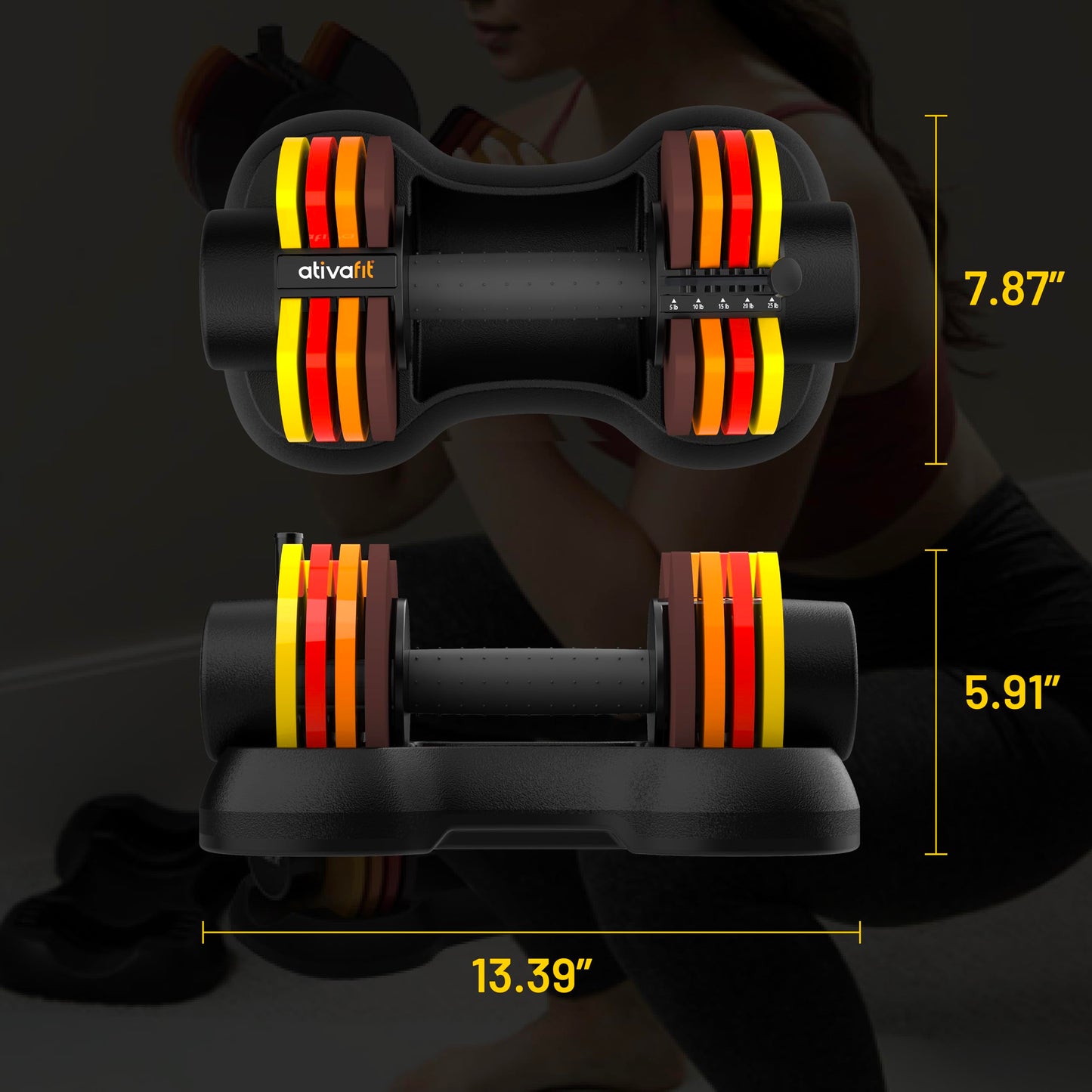 ATIVAFIT Adjustable Dumbbell Set of 2, 5–25LB Quick Dial Free Weights with Safety Lock & Anti-Slip Steel Handle, Space Saving Home Gym Equipment for Beginner Home Workouts and Light Strength Training, Sunrise