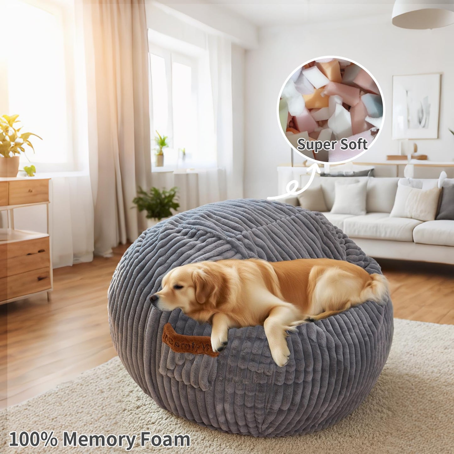 MinComfyWo 4ft Bean Bags Chair for Adults, Giant Beanbag Chair with Memory Foam Filled, Soft Comfy Large Bean Bag Couch Big Sofa Bed for Living Room Bedroom (Grey)