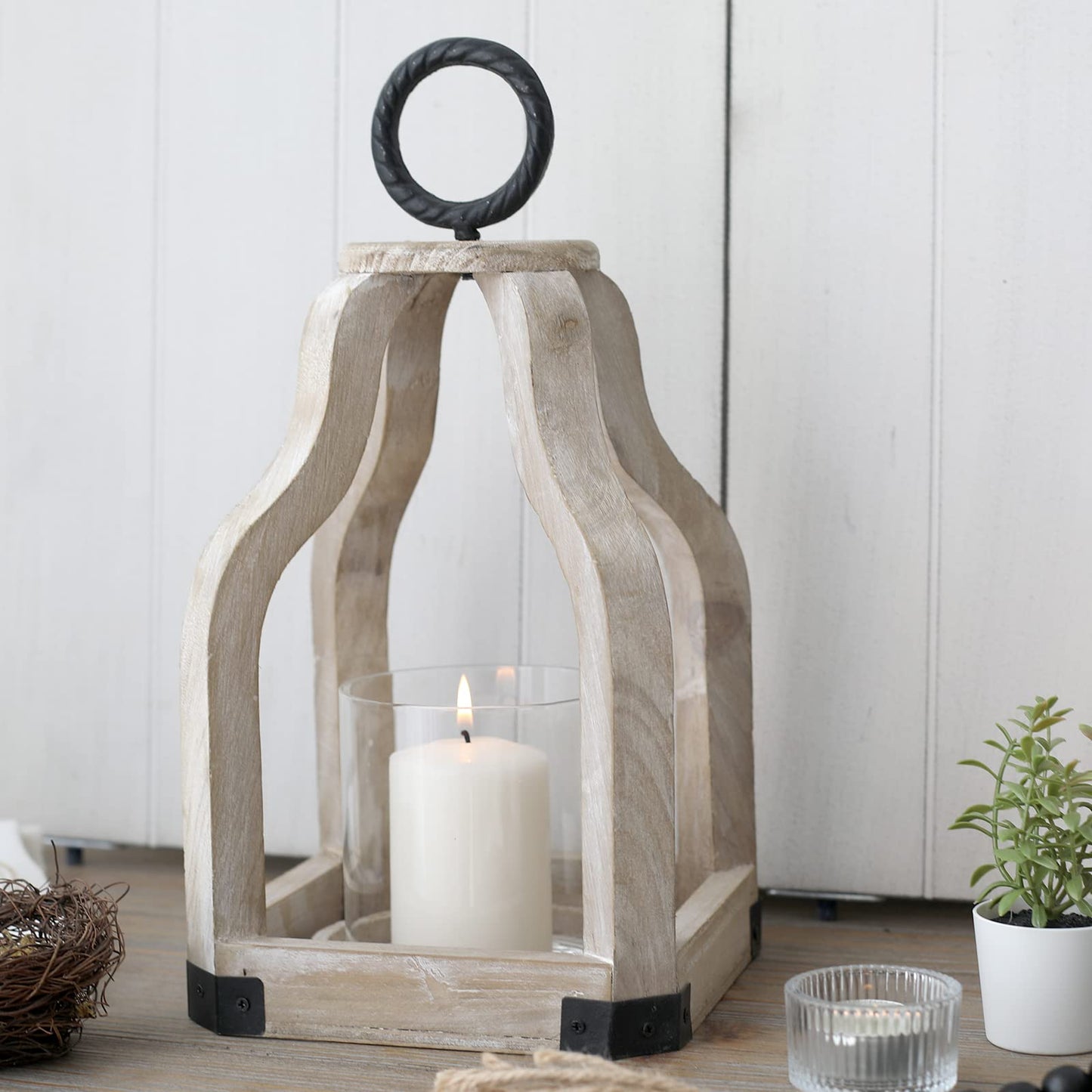 SWALLOWLIVING 13" Rustic Farmhouse Wood Candle Hurricane Lantern with Glass Candlestick Holder for Patio, Table Centerpiece, White Washed