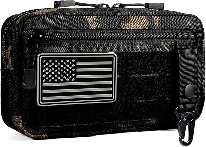 Tactical MOLLE Admin Pouch - Laser-Cut EDC Tool Bag, Horizontal Modular Organizer w/American Flag Patch & Keychain