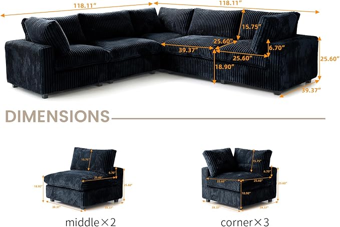 WJShome Cloud Couch Modular Sectional Sofa,118" Oversized 5 Seater Convertible Sofa,V Shaped Plush Couch for Living Room,Comfy Wide Seat Couches,Covers Washable&Replaceable-Black