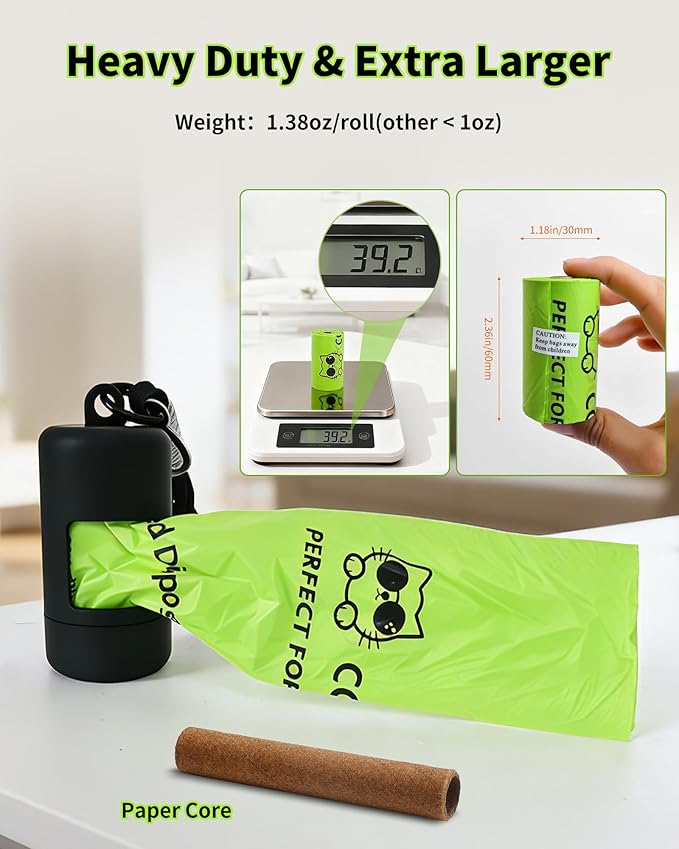 Dog Poop Bags with Dispenser & Holder, Guaranteed Leak Proof, Unscented Extra Thick Heavy Duty Tear-resistant 18-Micron Waste Bag Refill Rolls (Black (105-Bags, 1-Dispenser))