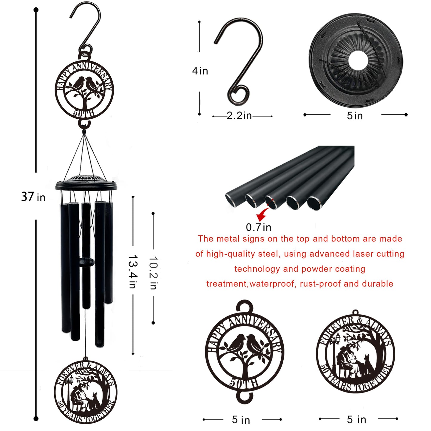 37'' 50th Anniversary Wind Chime Gifts, Golden Anniversary Keepsake Gifts Ideas, Happy 50th Decorations for Parents, Couples, Husband, Wife, Friends (Love Bird)