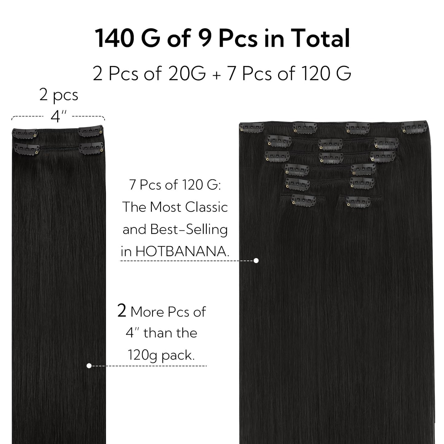 HOTBANANA Clip in Hair Extensions Real Human Hair, 150g 9pcs 20 inch Natural Black Straight Remy Clip in Extensions Full Head fo
