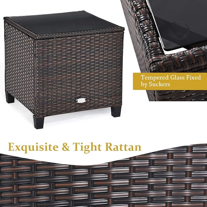 RELAX4LIFE 3 Piece Patio Furniture Set, Wicker Bistro Conversation Set w/ 2 Cushioned Armchairs & Glass Topped Table, Outdoor Rattan Sofa Set Patio Furniture for Porch Balcony Poolside (Beige)